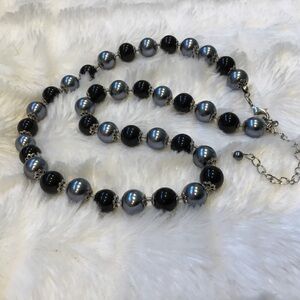 Vintage Silver Pearl, Black Glass Beaded Necklace